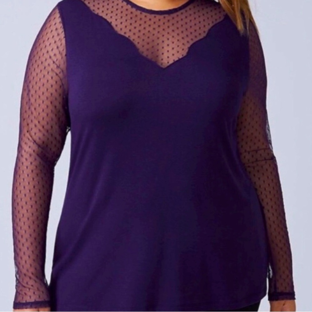Lane Bryant purple polka dot mesh scalloped V-neck and sleeves, top. Size 14/16.